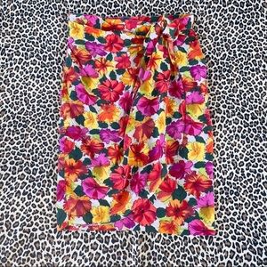 Vintage 12 Large 100% Silk Faux Wrap Skirt Tied Orange Floral Green Tan Vacation